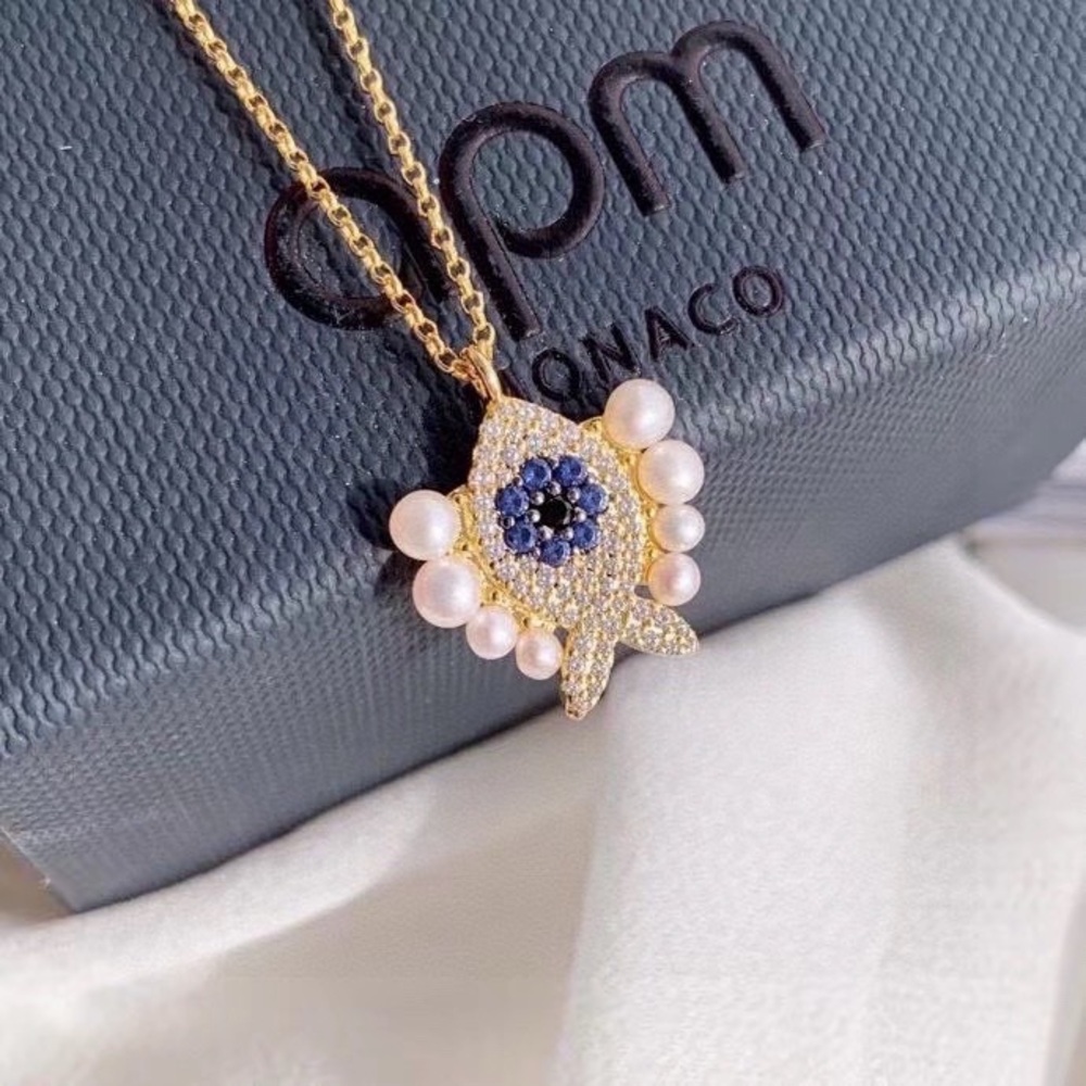 (APM)Monaco Gold Necklace with Blue and Pearl Accents